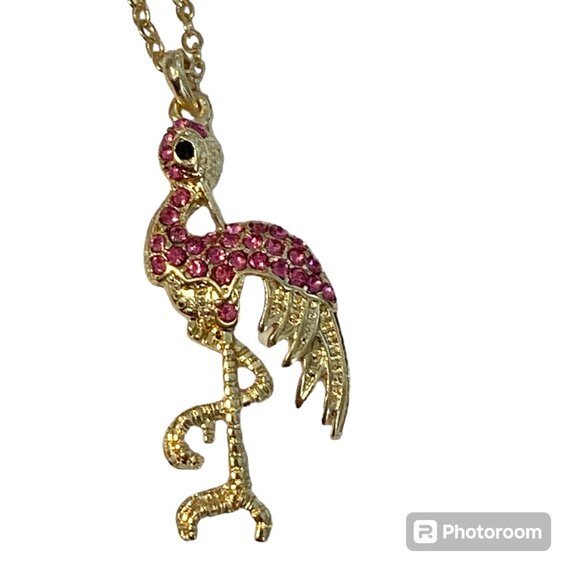 Pink Flamingo Necklace 16-18" Gold Plated Crystal Pendant Tropical Island Beach - Picture 1 of 9